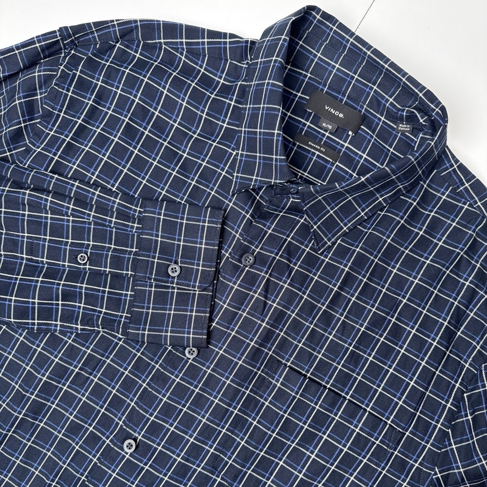 Vince Mens XL Classic Fit Plaid Button Down Shirt Navy‎ Blue Cotton Rayon Blend